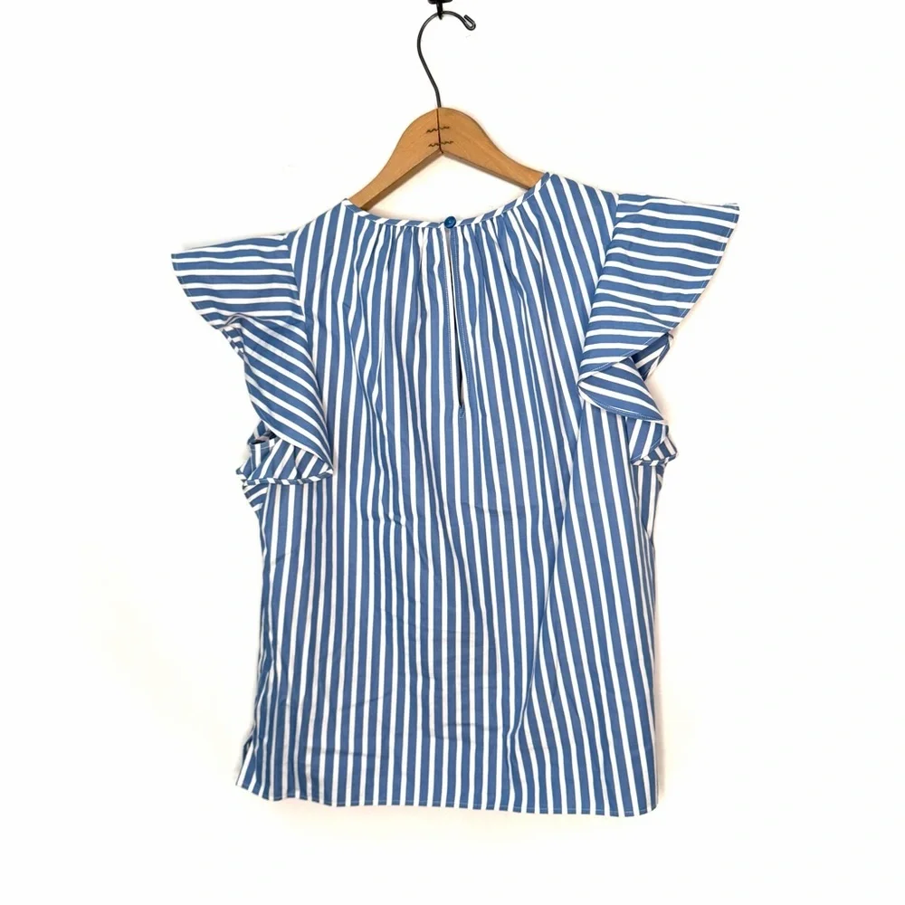 Kate Spade Basket Stripe Flutter-Sleeve Top Light Blue and White Size Small